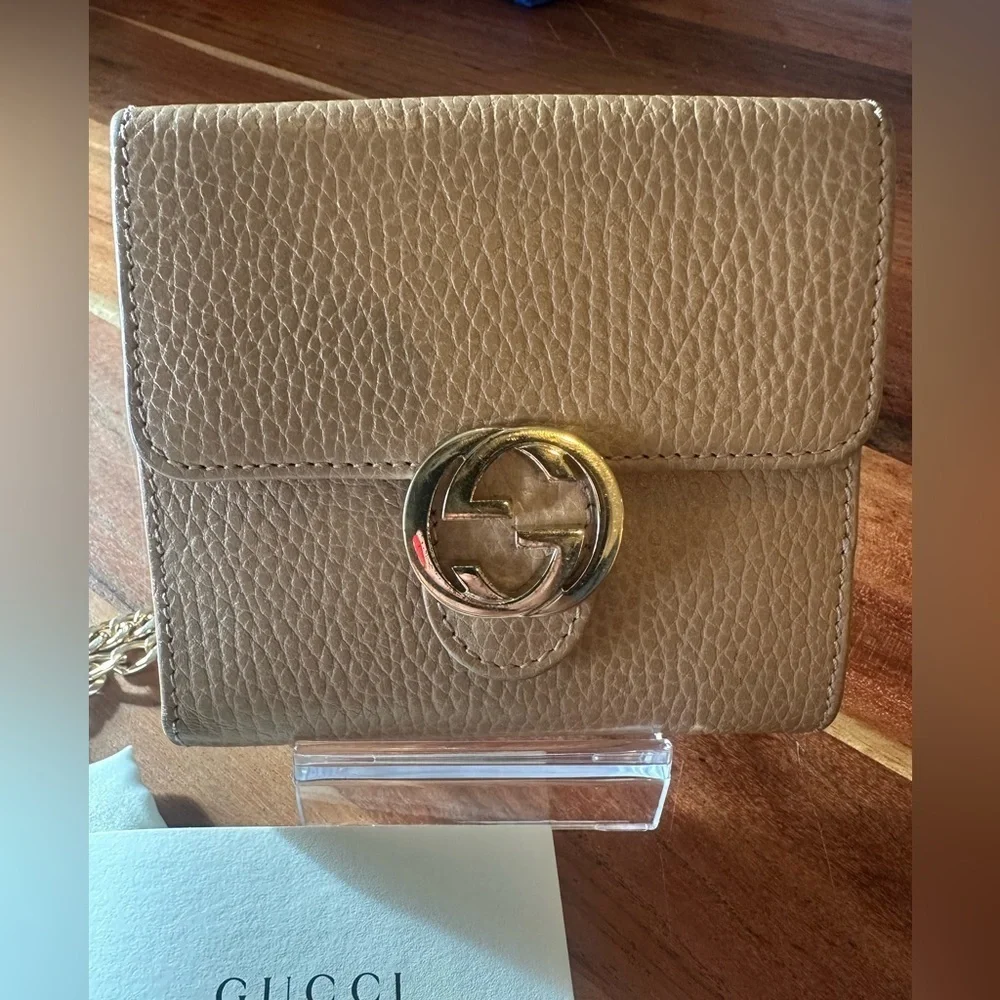 Gucci Beige Trifold Wallet with Gold Accent with gold Chain, Box and Dust Bag